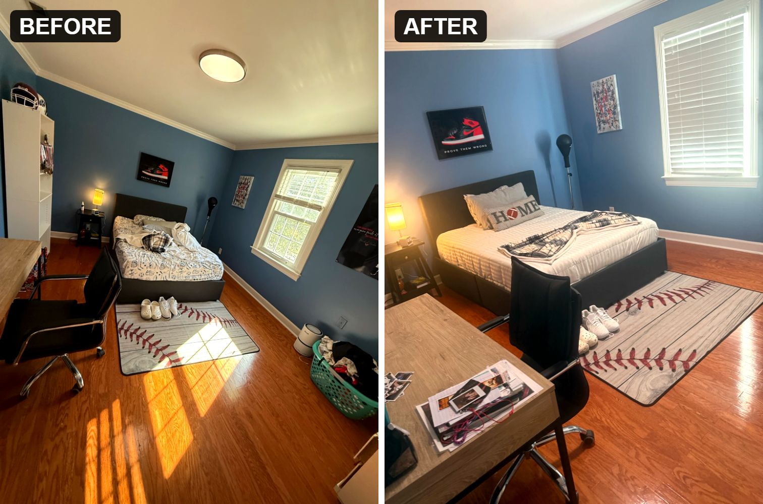 Before and after house cleaning of a bedroom in Nashville, TN by Dimples Cleaning